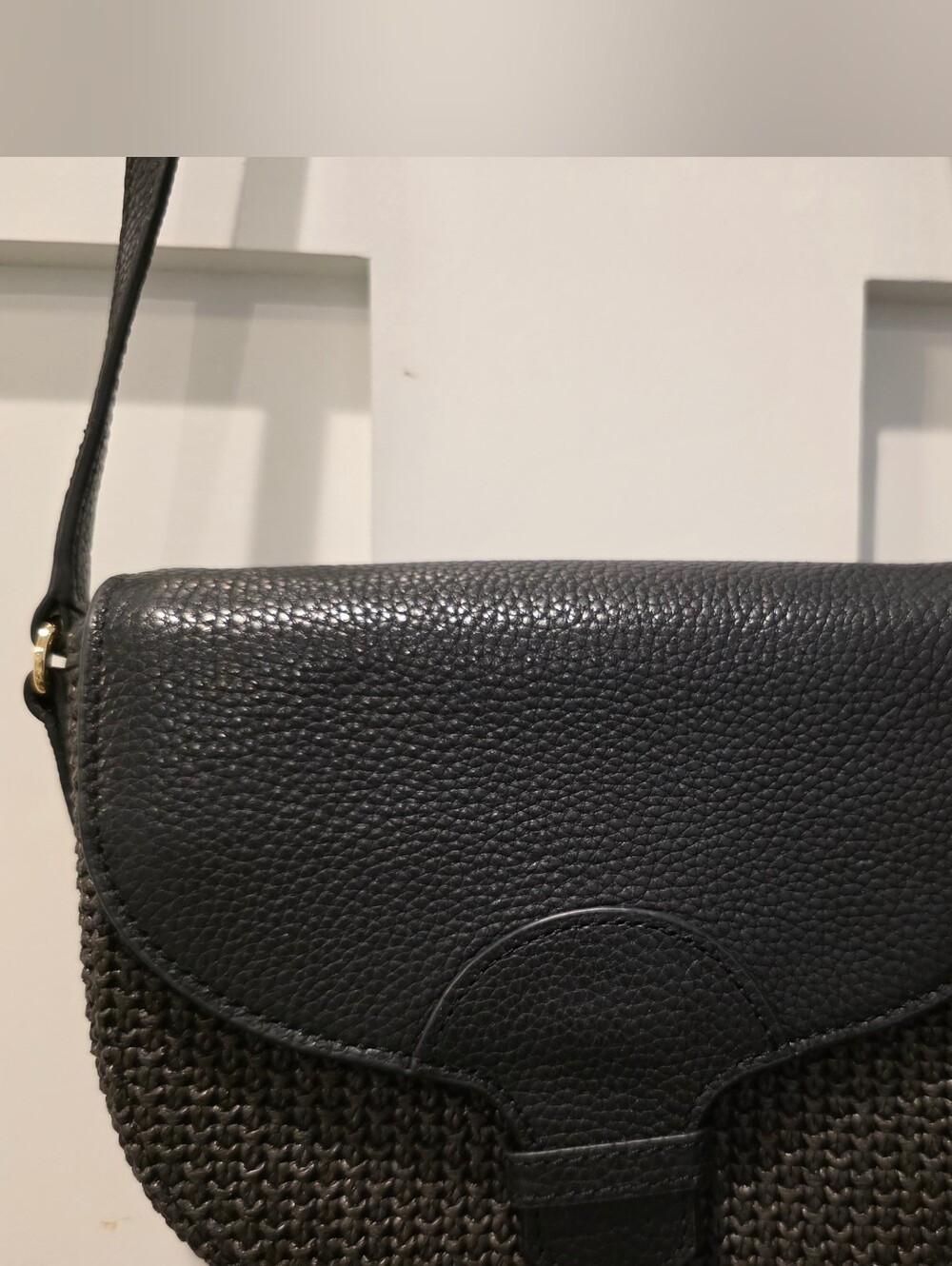 Talbots Pebbled Leather Crossbody Saddlebag Black Straw Woven Small 6x7.5x2.5
